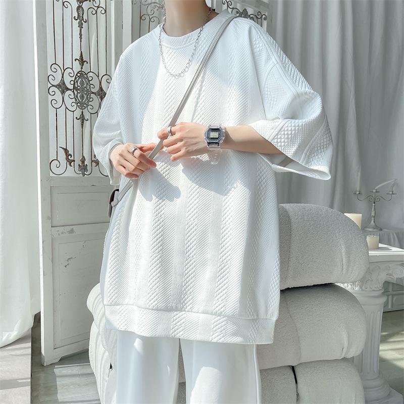 Men's Plus Size Summer Waffle Jacquard Loose Half Sleeve T-Shirt, Round Neck Pullover
