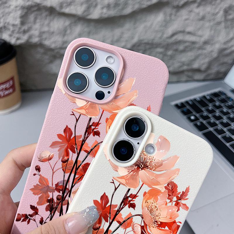 Handyhülle mit rosa Blumenmuster, Lederstruktur für iPhone 16 Pro 15 14 13 12 Pro Max, stoßfest, matt, schlank, einfarbig, TPU, weich, sturzsicher