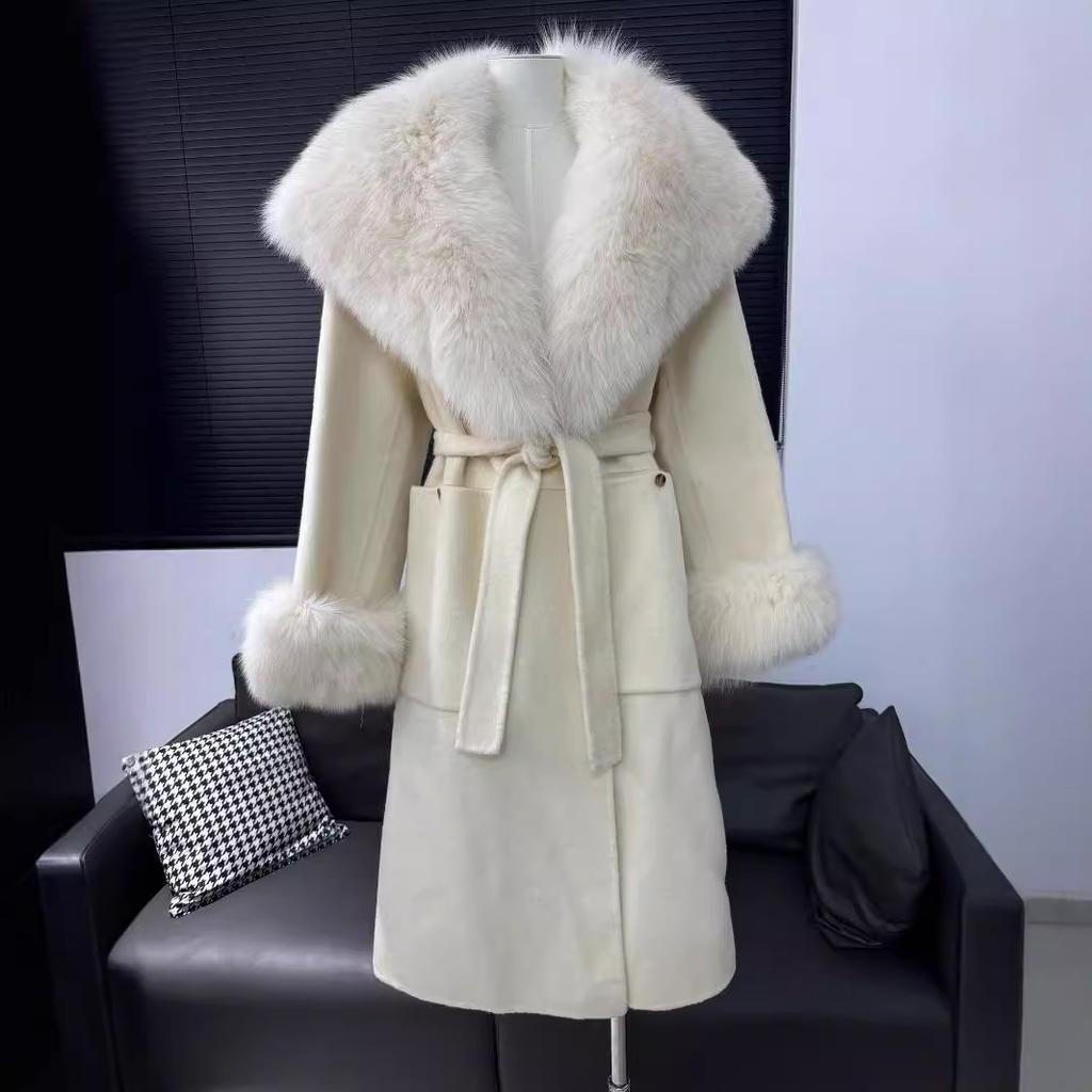 New Autumn and Winter Double-sided Wool Coat for Women Long Fashion Simple Style Fox Fur Collar Woolen Coat for Women