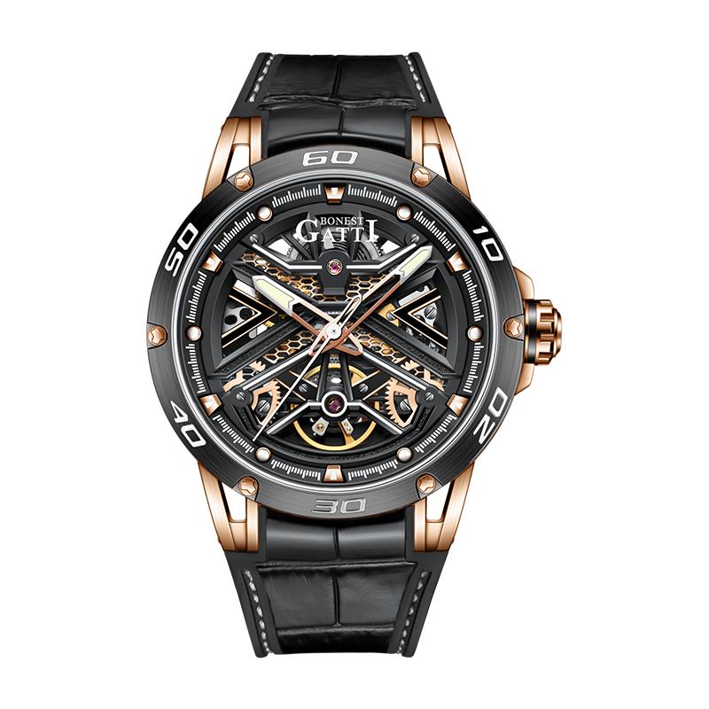 BONEST GATTI BG4601 Automatic Mechanical Men's Watch Round Dial Skeleton Luminous Waterproof Business Sports Wristwatch for Men