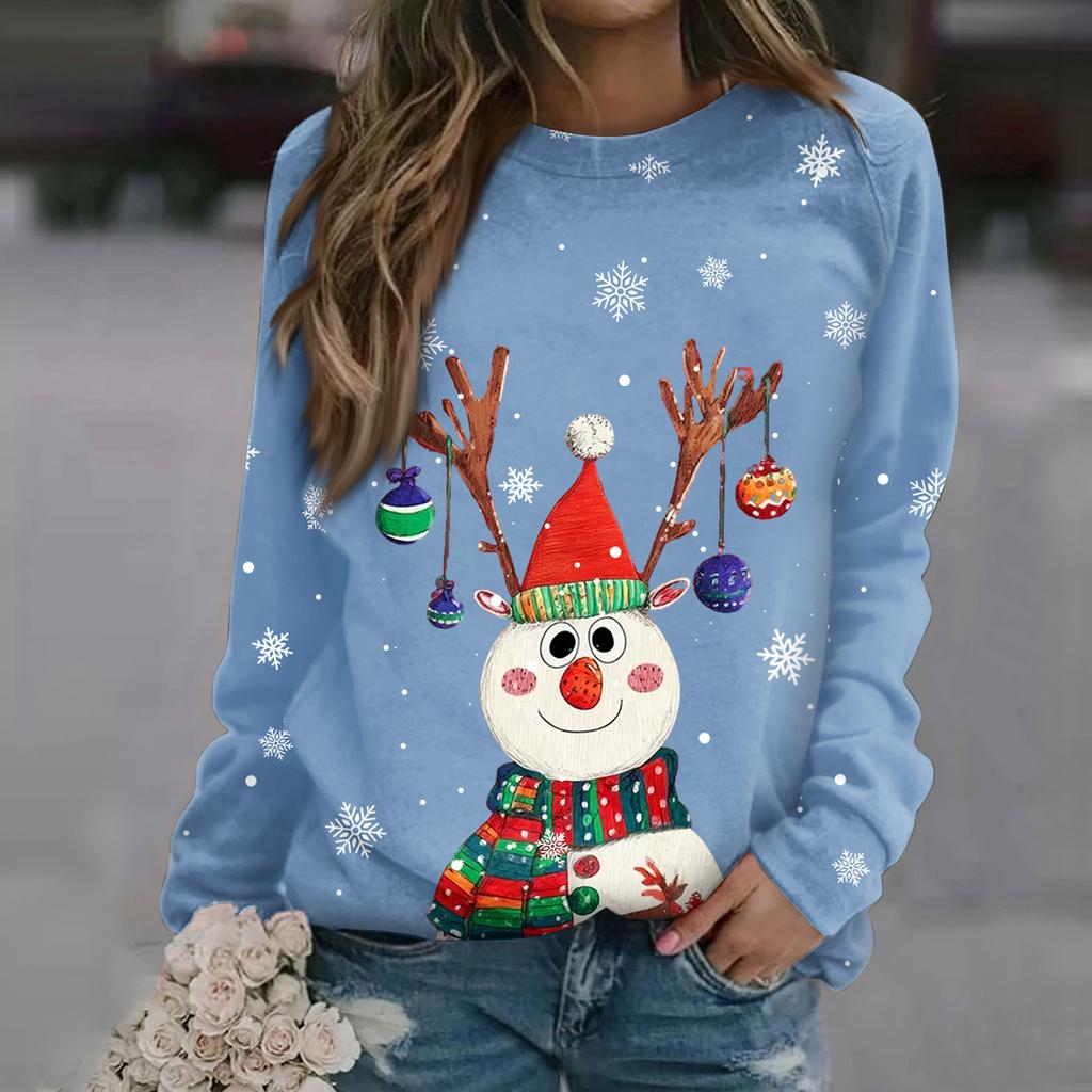 Dámská módní ležérní mikina s dlouhým rukávem a vánočním potiskem na krku