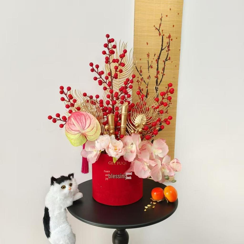 Fortune Bucket New Year Decoration Set - Festive Ornaments for Bedroom and Living Room with Flowers and Fu Character.