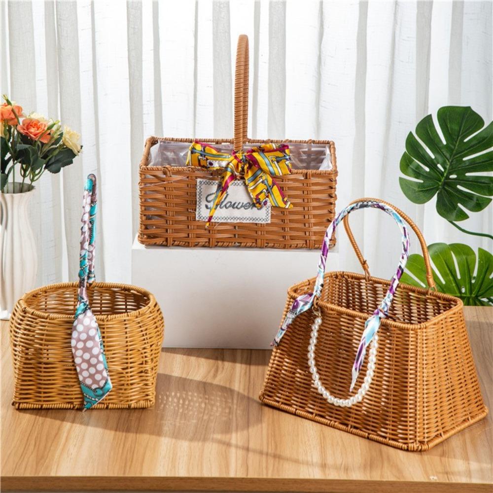 Durable Bamboo Flower Basket Long Handle Imitation Rattan Storage Basket Valentine's Day