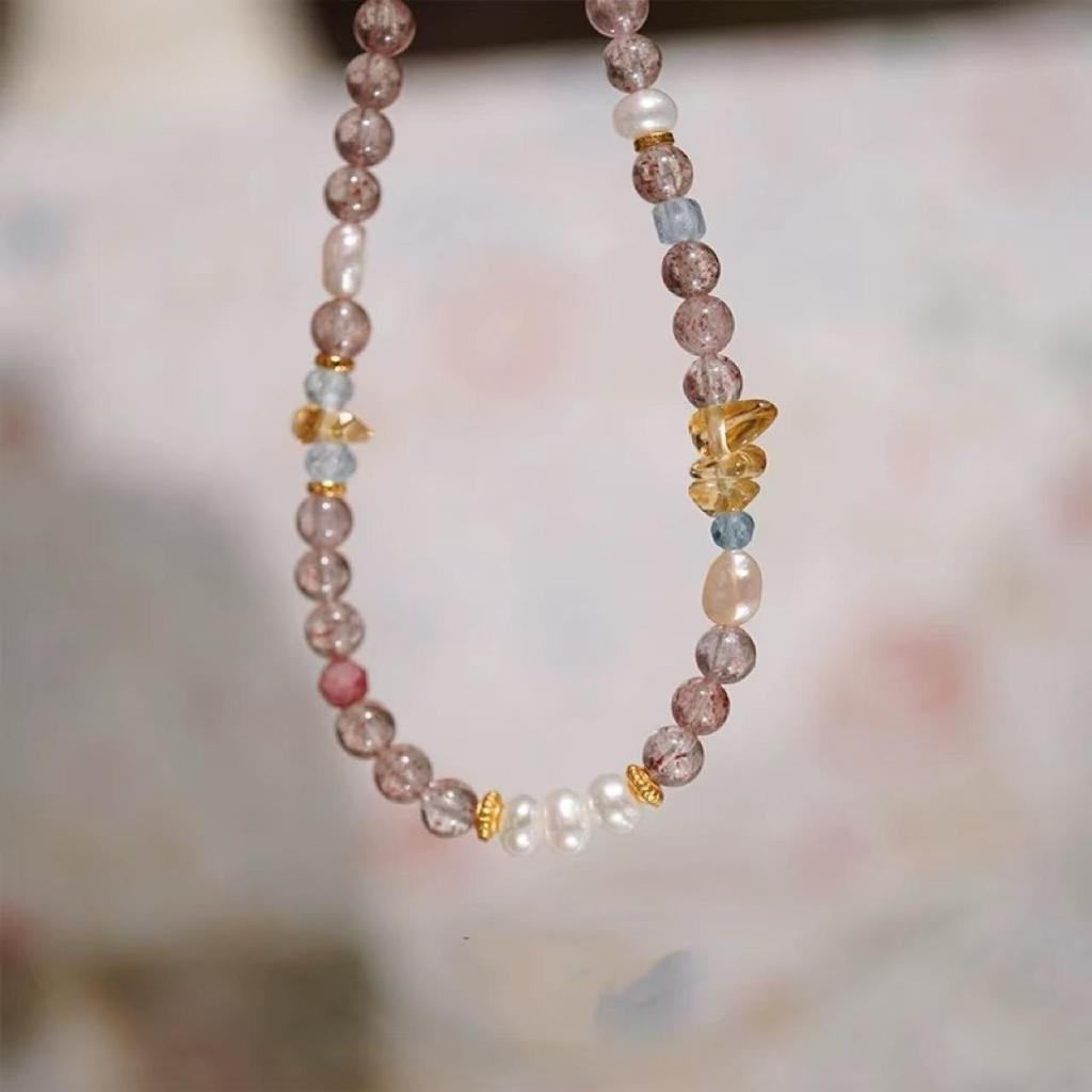 Women's Strawberry Crystal & Aquamarine Freshwater Pearl Bracelet - Handmade Pink Peach Blossom Design for Best Friends