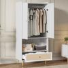 Wardrobe with 2 Doors, Large Rattan Drawer and Clothes Rail. With Metal Legs and Handles – Perfect for Bedroom and Living Room. White, 80x48x175 Cm