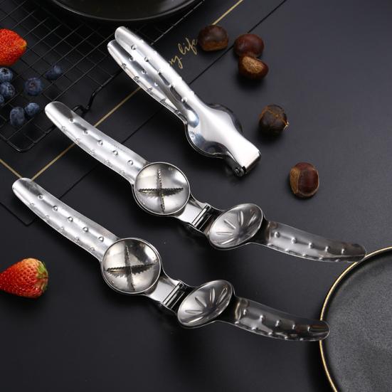 Kastanienklammer, glatte Kante, lebensmittelecht, hochfest, Nussschneider, einfarbig, offener Kastanien-Edelstahl, bequemer Griff, Kastanienschäler für die Küche