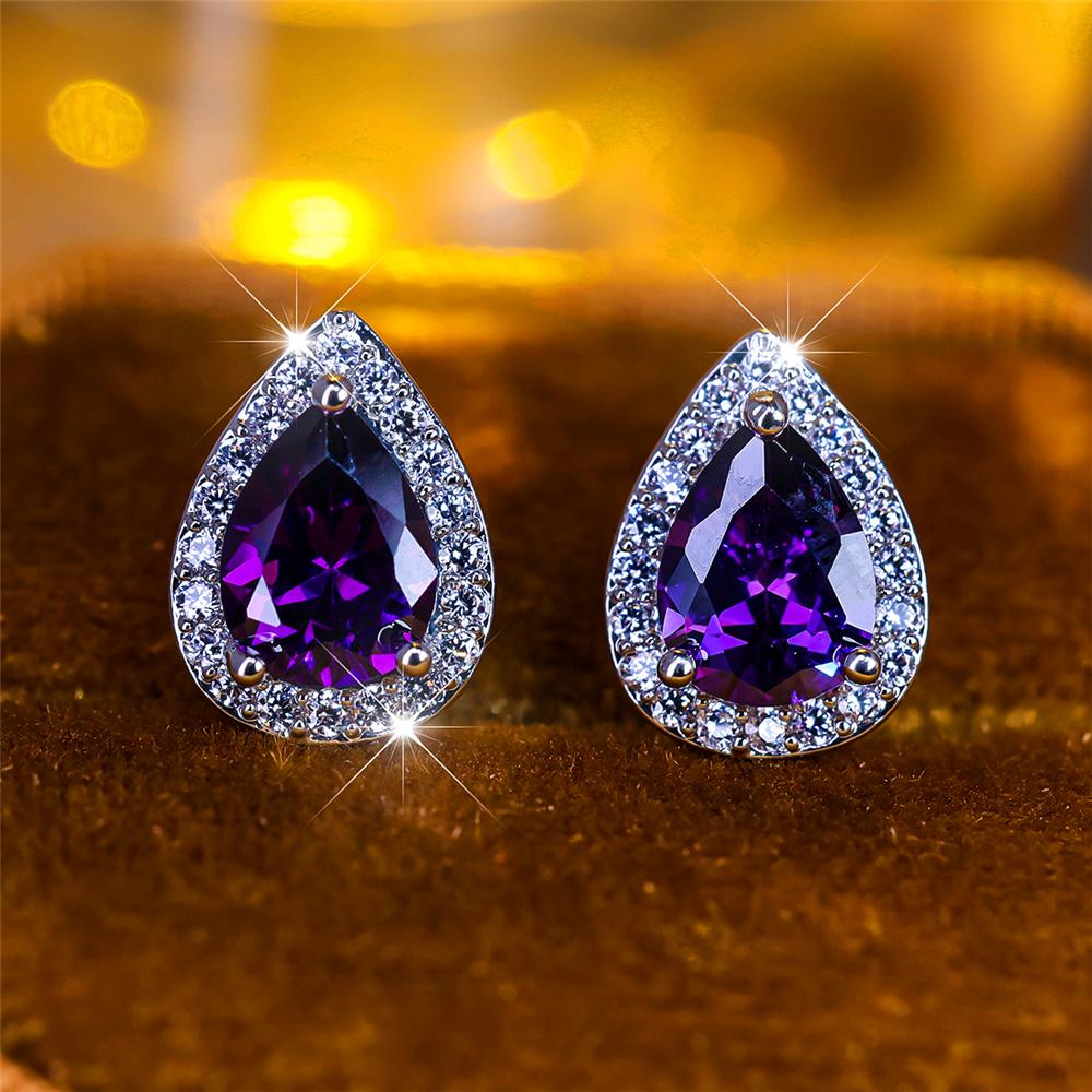 Boho Female Crystal Green Blue Stone Small Silver Color Stud Earrings Vintage Party Wedding For Women