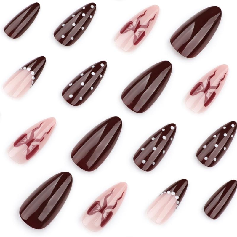 Almond Press On Nail Fake Nail Glossy Acrylic Artificial Nail Stick On Nail for Womens 24Pcs 12Sizes Glues On Nail
