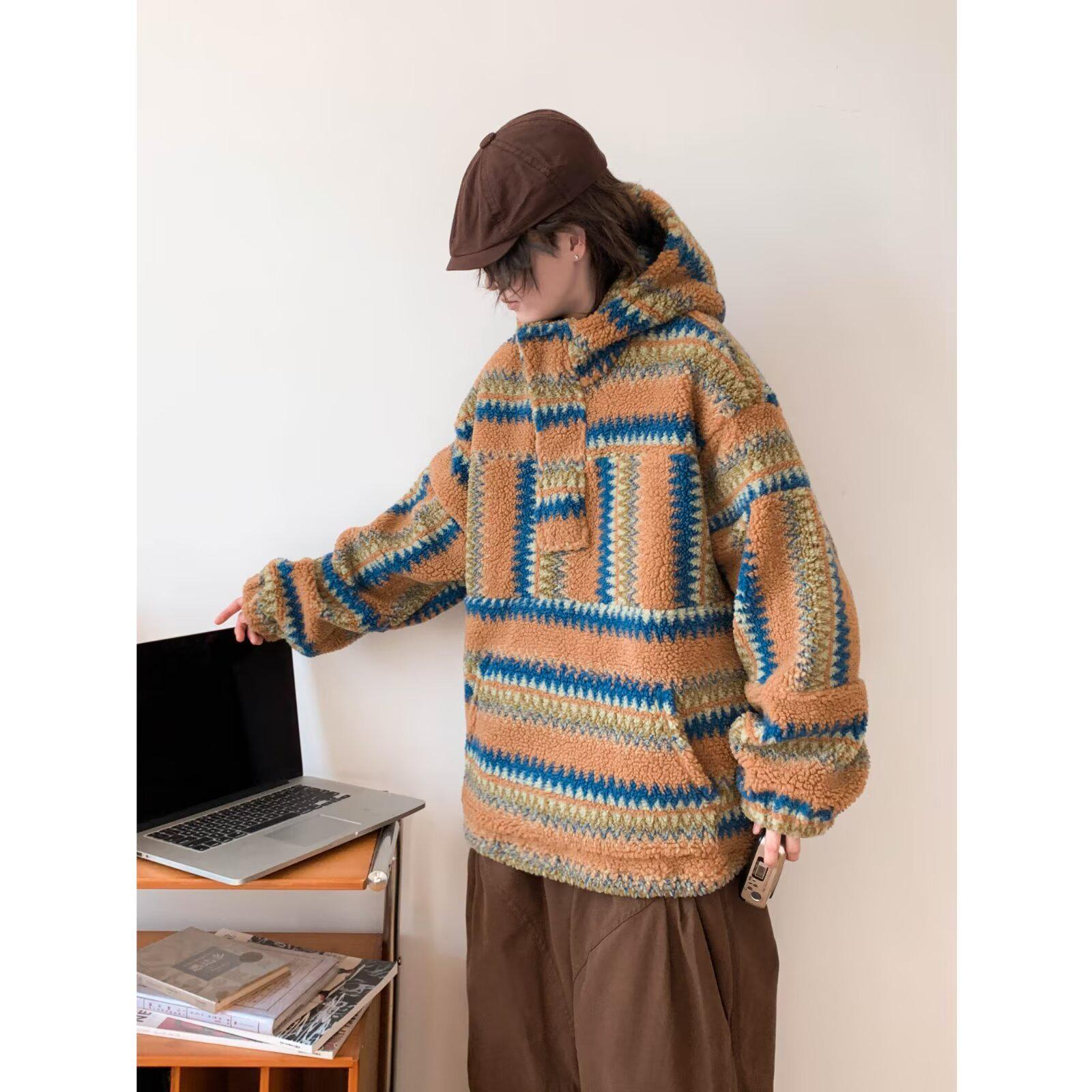 Унисекс японская ретро толстовка с цветовыми блоками из шерсти ягненка – Стильная куртка для осени/зимы M