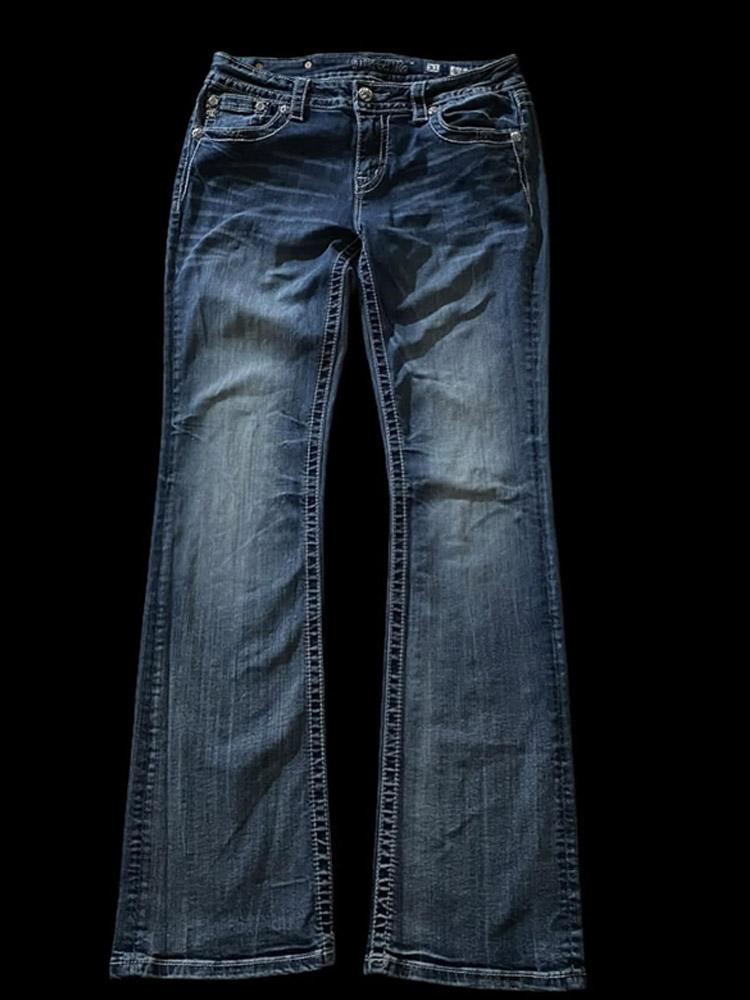 LUXEON Jeans a Zampa Sottile Retro Americano Donna Y2k Harajuku Gotico Vintage Tasca Ricamata Pantaloni in Denim Blu Vita Bassa Gamba Larga Pantalone