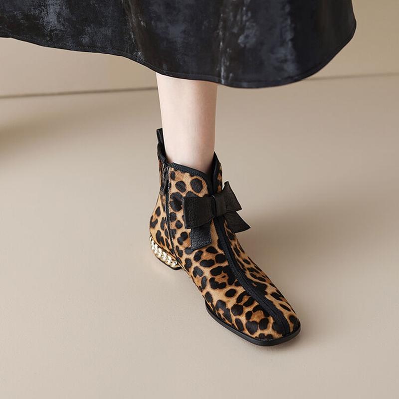 Fashion NEW Autumn/Winter Women Boots Square Toe Chunky Heel Shoes Horsehair Shoes Women Zip Ankle Boots Bow-knot Leopard Modern Boots