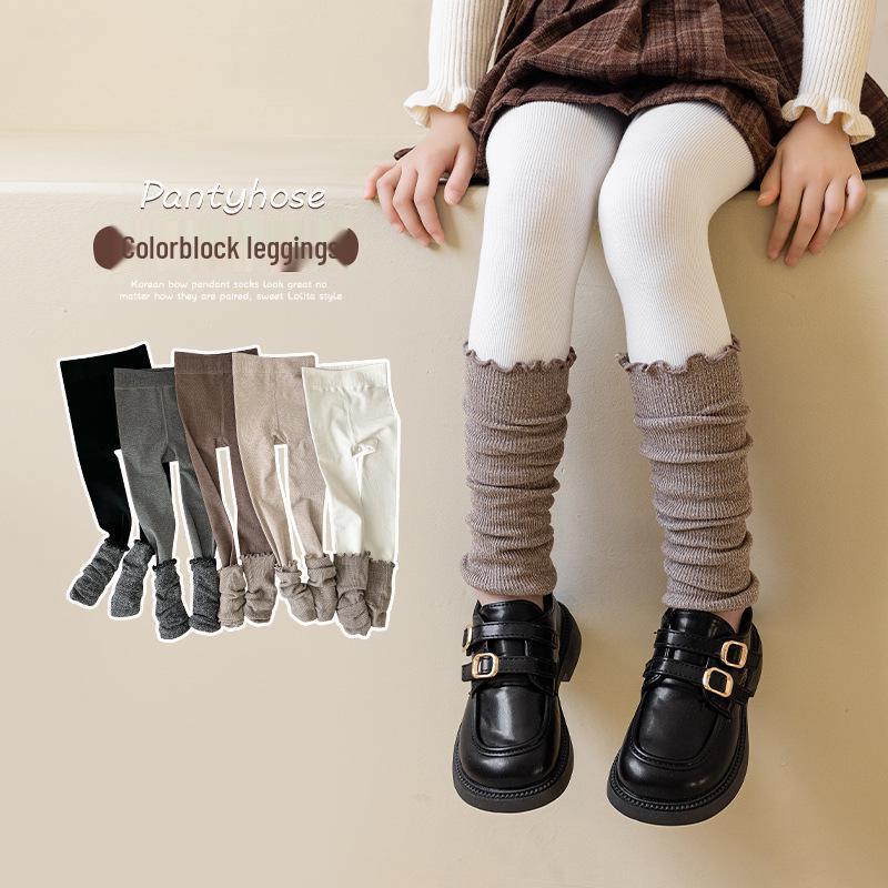 Children's Golden Brown Two-Piece Scrunched Socks & Warm Leggings Set for Autumn/Winter