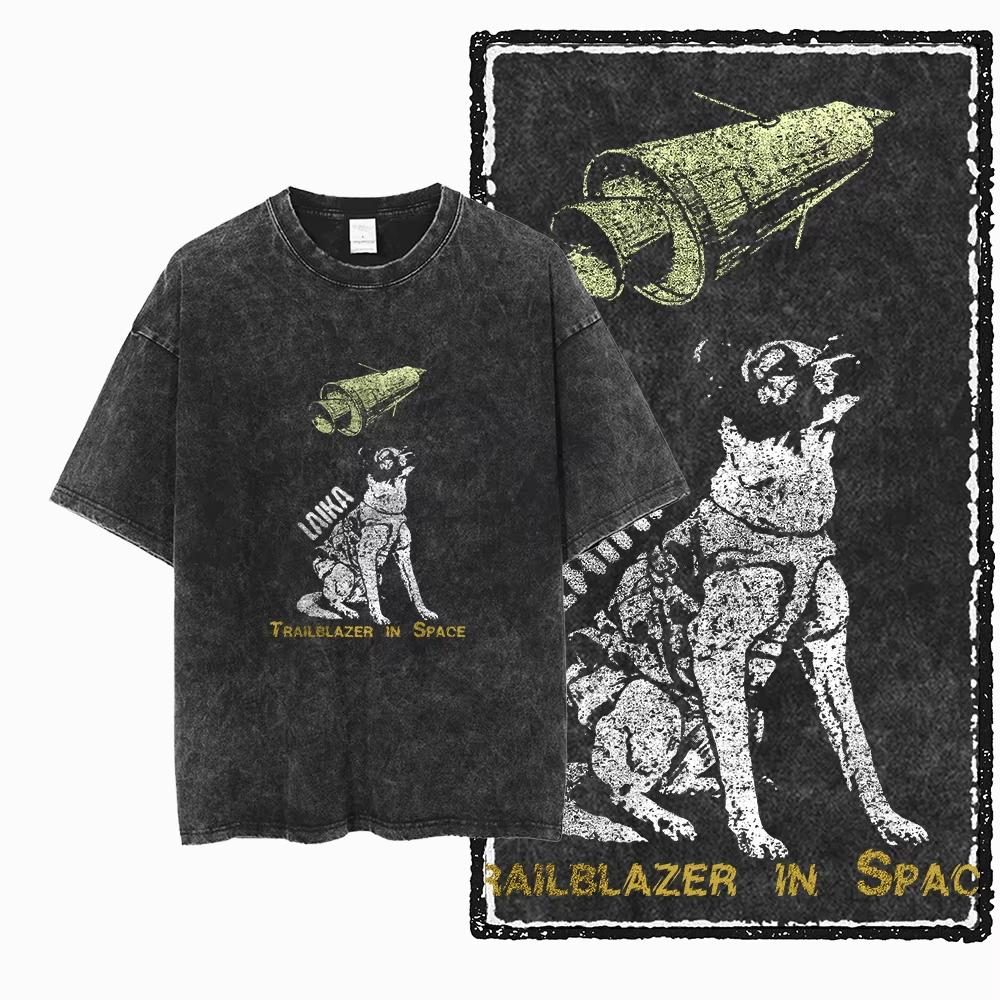 DCA LAIKA DOG Printed Acid Washed Cotton Streetwear Exclusive Graphic Unisex T Shirt Cool Vintage Men Daily Oversized Top