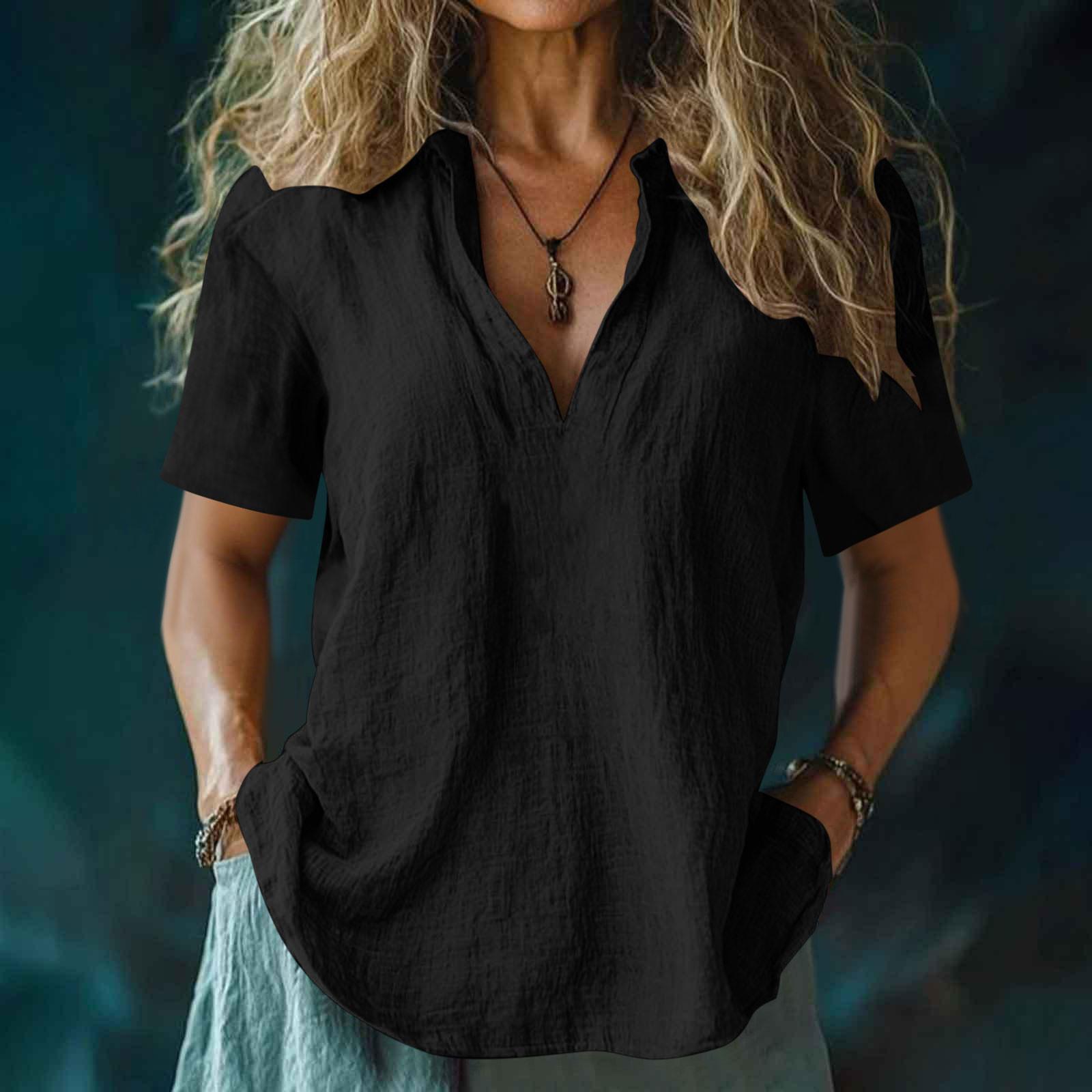 Women s  Color Fashion V-Neck Cotton Linen Loose Short-Sleeve T-Shirt L
