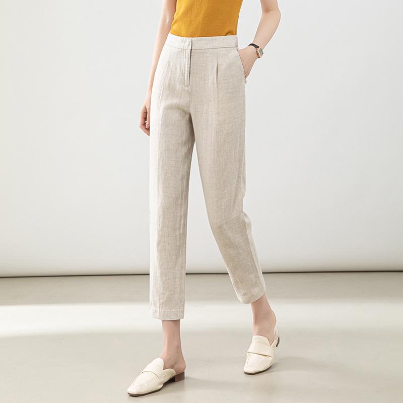 Women's High-Waist Cotton Linen Cigarette Pants - Summer 2025, Petite Eight-Point Casual, Straight Leg