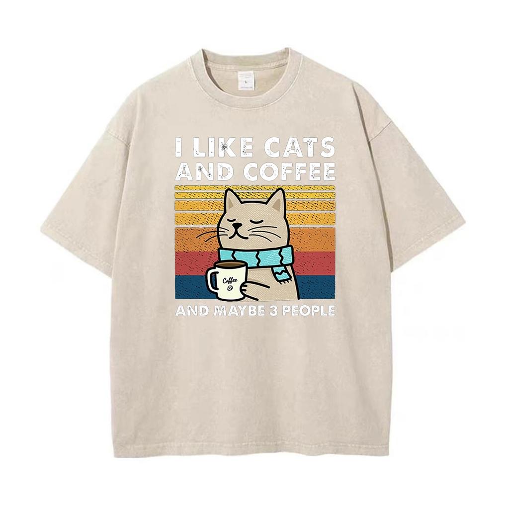 Unisex Cotton T-Shirt - I Love Cats Coffee Graphic Print Oversized Streetwear Hip Hop T-Shirt for Men Women Couple Matching