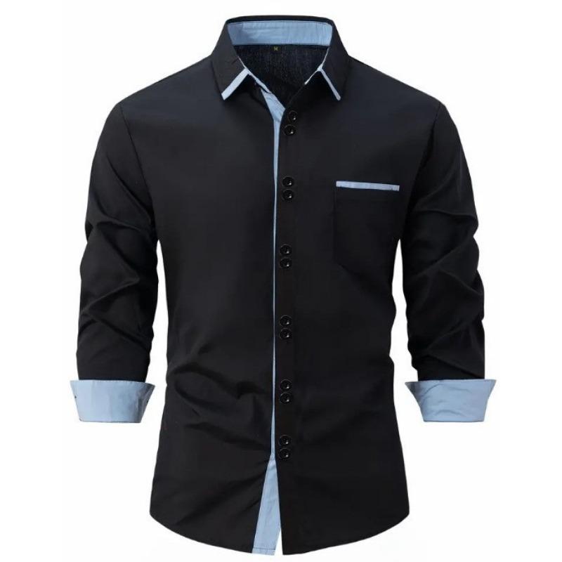 Men's Spring Autumn Fashionable Two Button Color Blocked Lapel Slim Fit Casual Long Sleeved Shirt