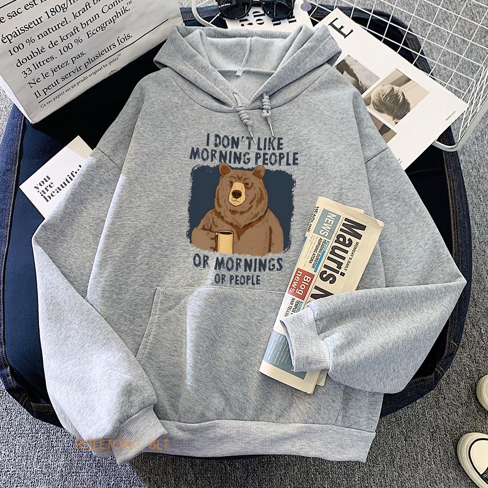 

Morning Coffee Bear Grumpy Cute Anime Sweatshirt Funny Cartoon Women Hoodies Harajuku Kawaii Graphic Sweatshirts Winter Warm Hoody
