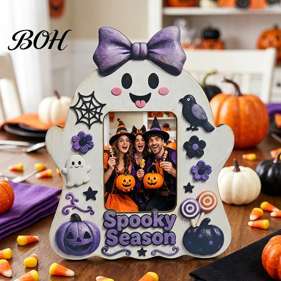 Festive Home Accents Halloween Wooden Photo Frame, Cute Ghost Pumpkin Picture Childlike Ornament Rustic Holder for Holiday Table Centerpiece