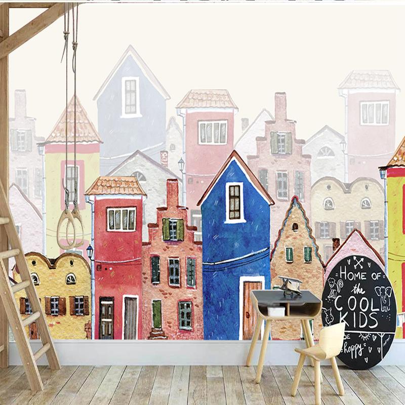 Fototapeta Tapeta 3D ručně malovaná Barevný kreslený dům Chlapec Dívka Dětský pokoj Kreslený Fresco Papel De Parede Infantil Decor