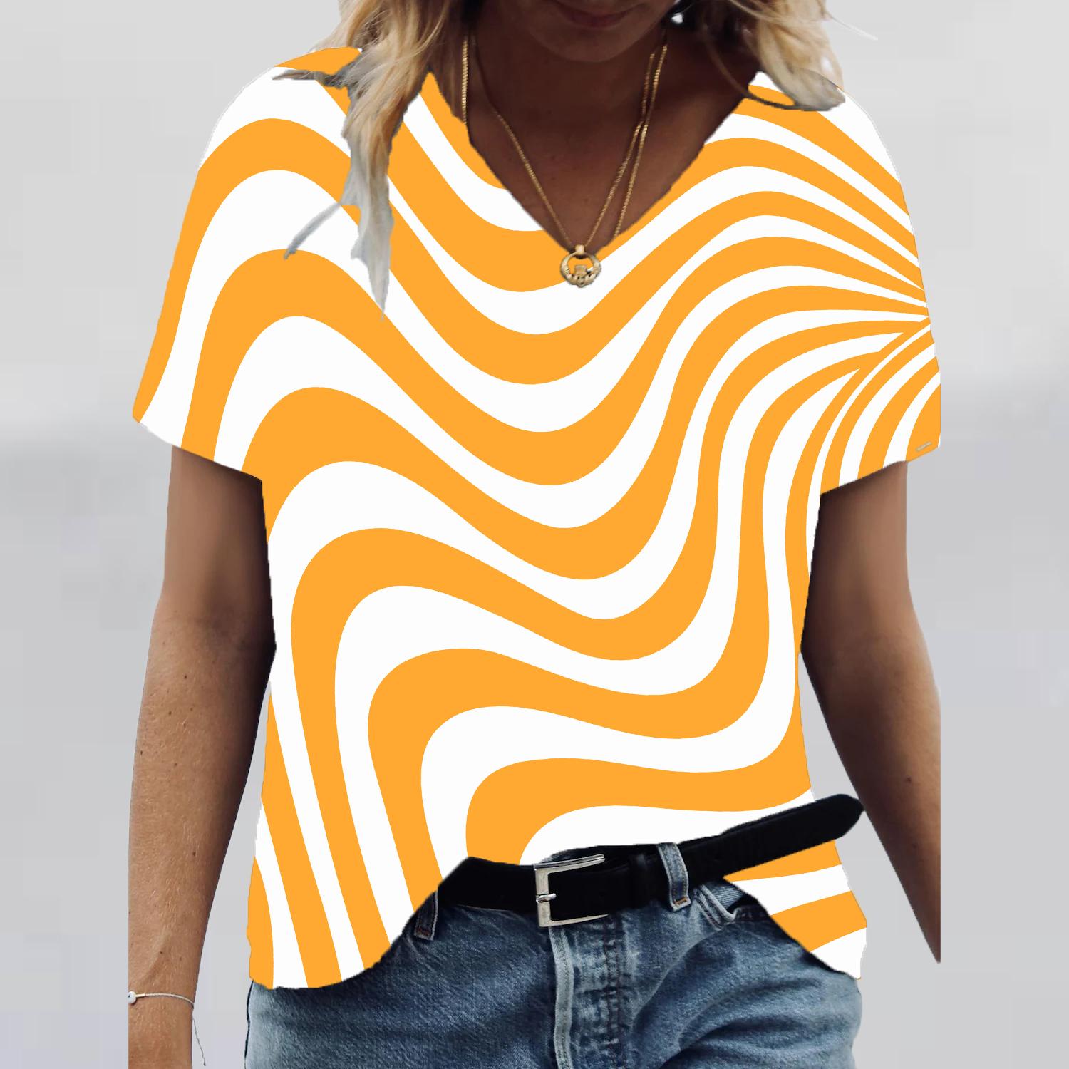 

Жіночі топи з V-подібним вирізом і короткими рукавами з принтованими лініями Вільна футболка Повсякденна блуза L помаранчевий