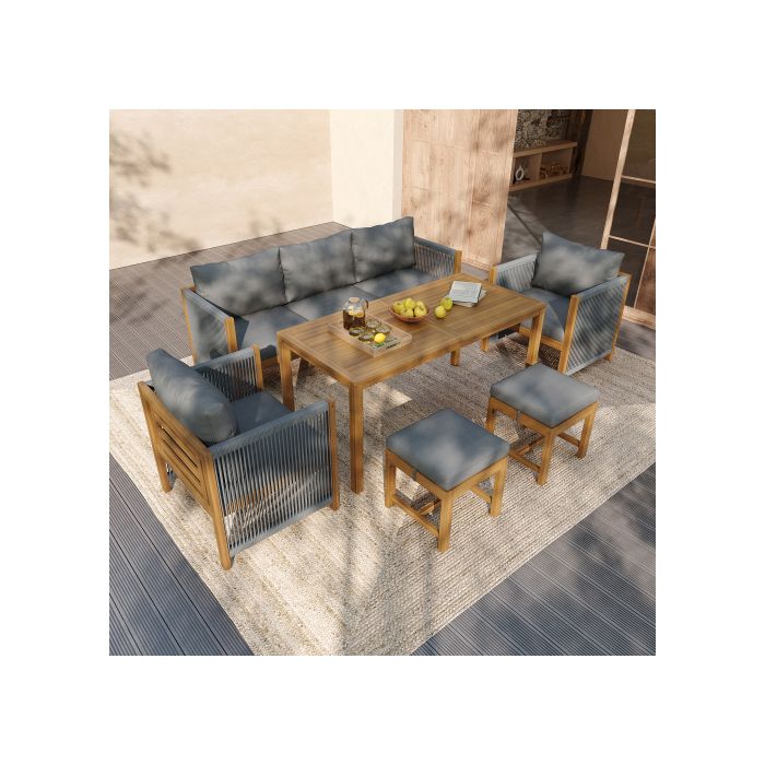 Ensemble table de jardin, canapé 3 places, 2 canapés individuels, 2 tabourets, plateau en bois d'acacia, gris