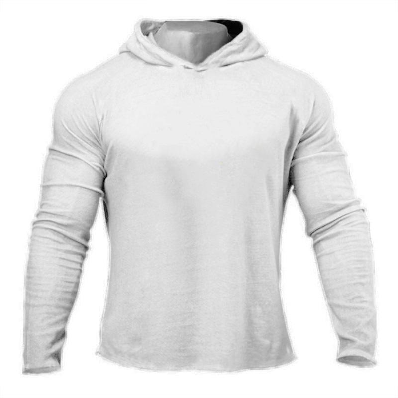 

Solid Color Gym Clothing Long Sleeve Slim Fit Hooded T-Shirt Cotton Breathable Hoodie Mens Bodybuilding Fitness Muscle Sportwear XXL білий
