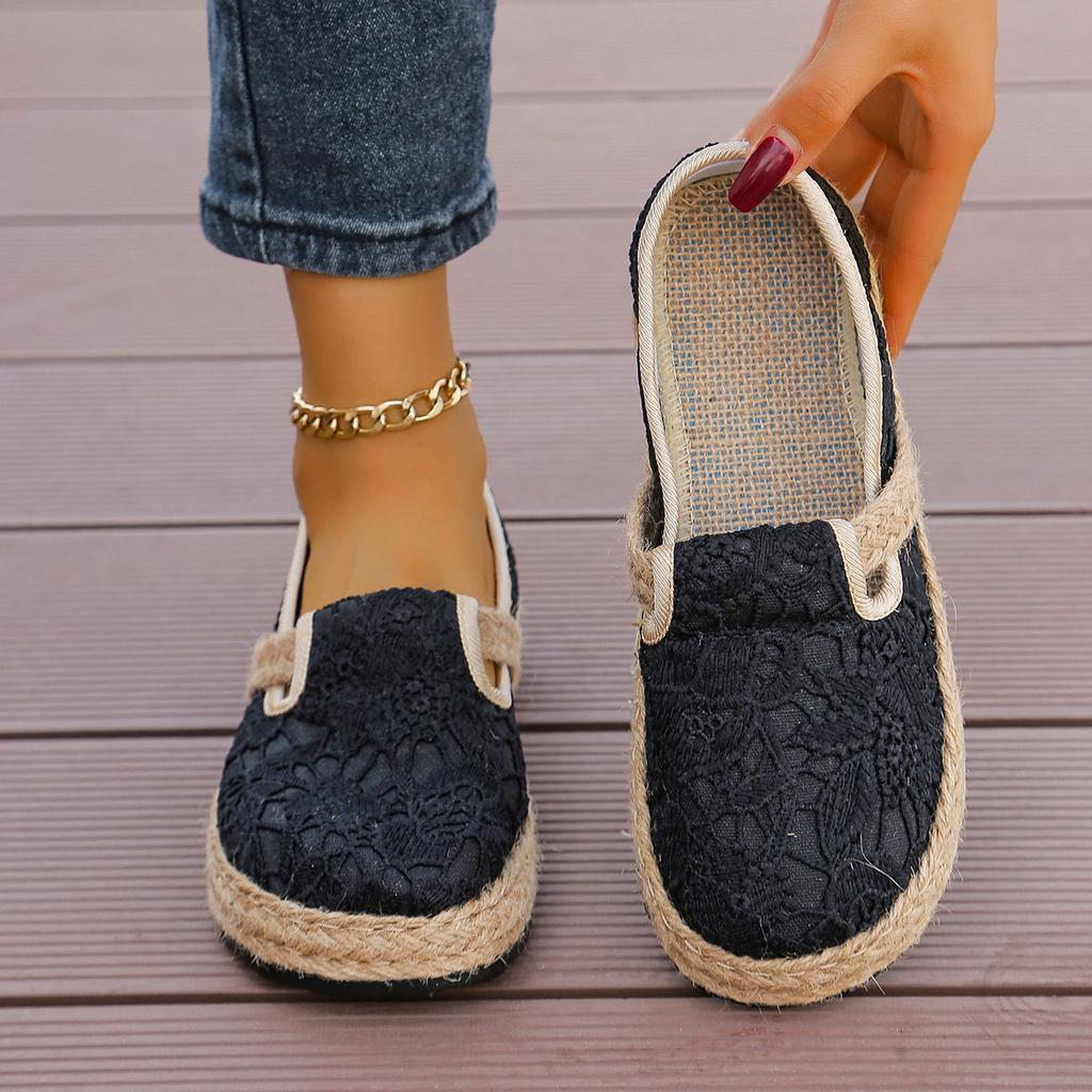 2025 New Breathable Casual Women's Bag Head Half Slippers Lace Retro Cotton and Linen Shoes Flat Bottom