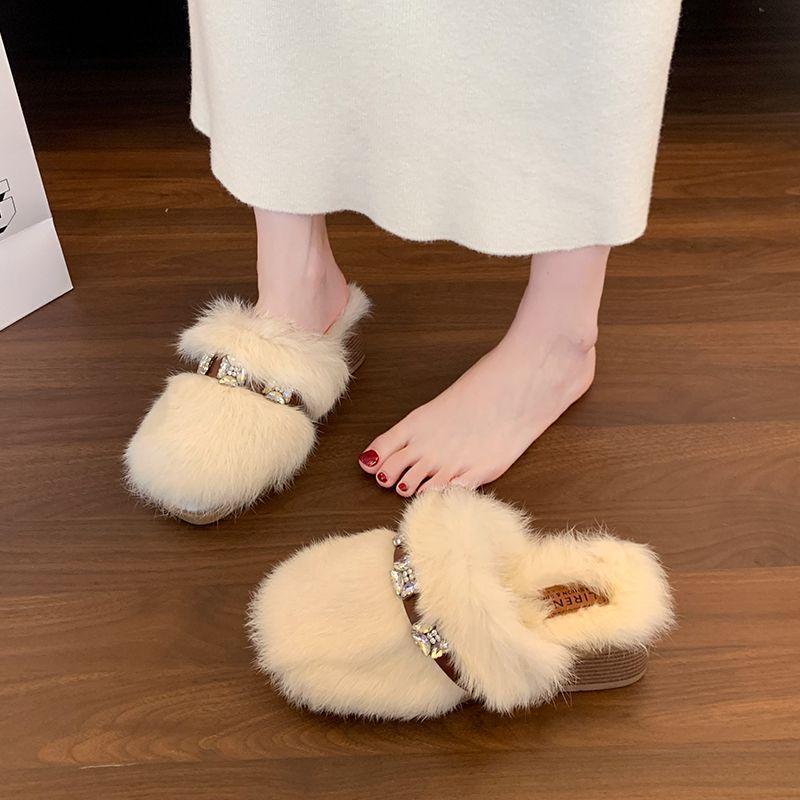 

Women s Baotou lightweight comfortable thick bottom cold warm padded non-slip wear-resistant half-slippers a stirrup cotton slippers 40 бежевий