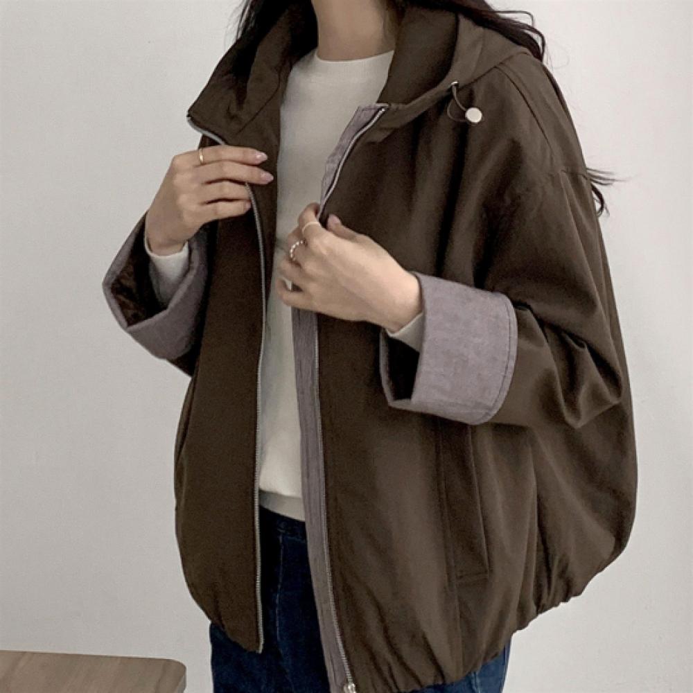 New Arrivals Open Run Women Color Block Roll Up High Neck String Hooded Jacket