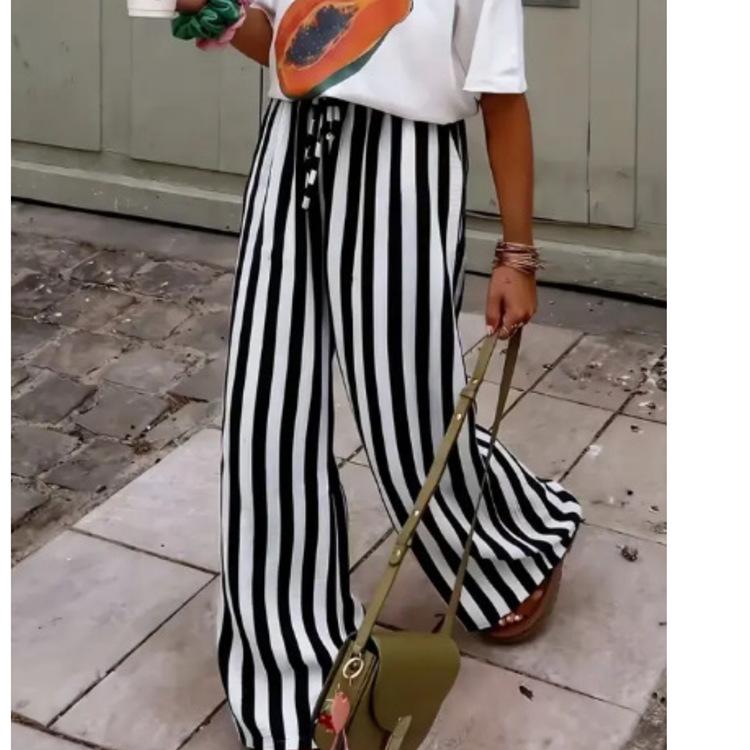 Womens Summer Spring Loose Casual Striped Straight Leg Pants S