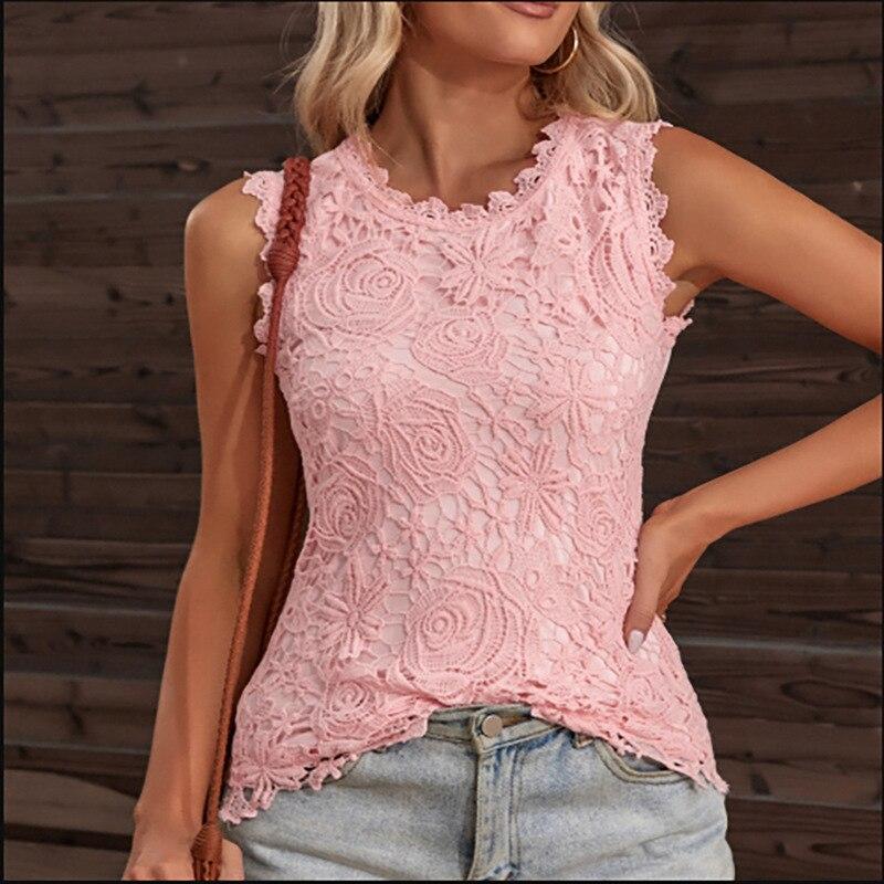 Sleeveless Lace Embroidery Elegant Shirt Woman Summer 2022 Fashion Clothing Casual Blouse Women Slim O Neck Tops Mujer  25946