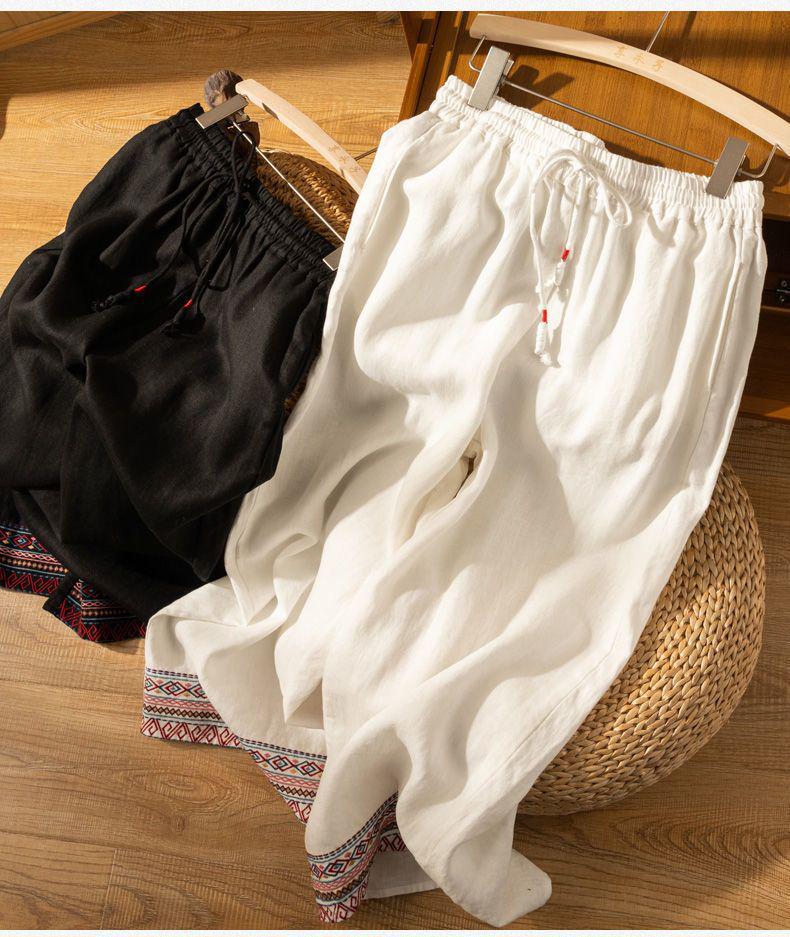 2024 Spring Summer Women's Cotton Linen Embroidered Wide-Leg High-Waist Casual Pants