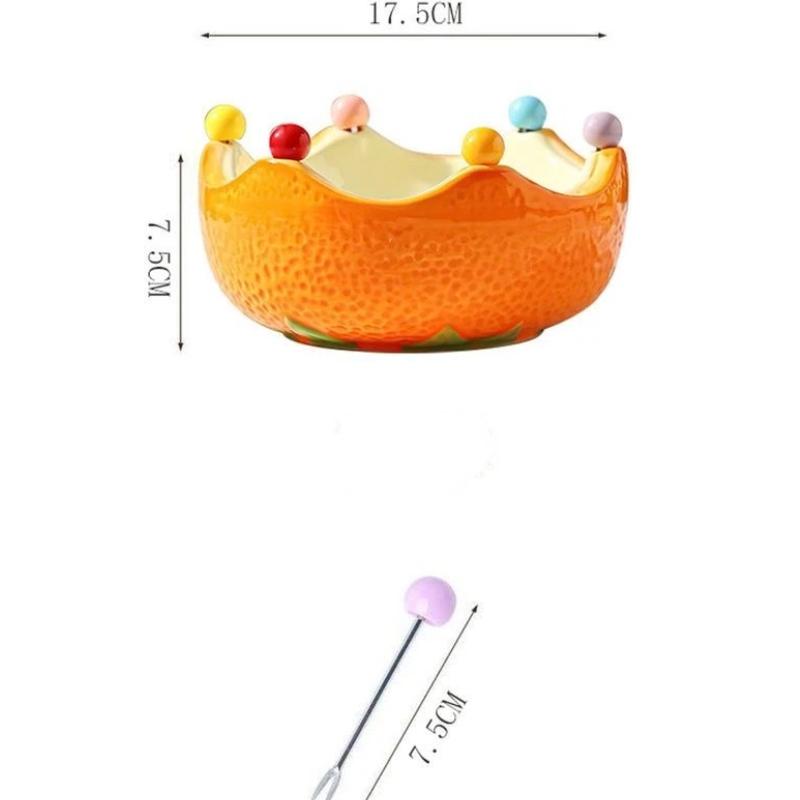Ceramic Orange Fruit Bowl with Fork, Cute Dessert & Snack Bowl for Fruits and Treats