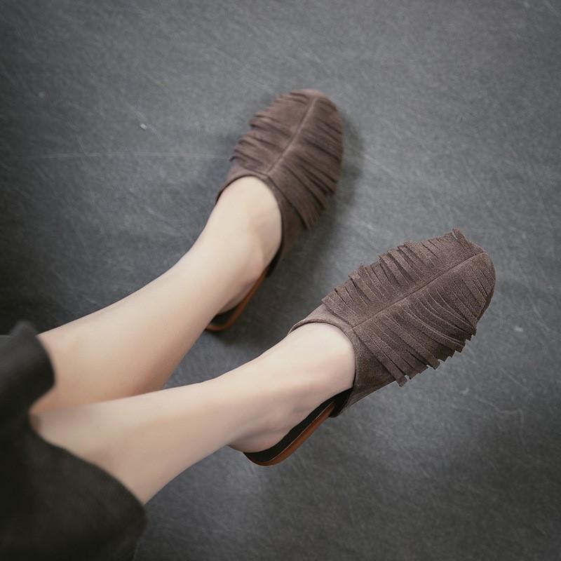Johnature Tassel Fashion Flat Slippers Cow Suede Lightweight Comfortable And Versatile Women's Slip-on Shoes