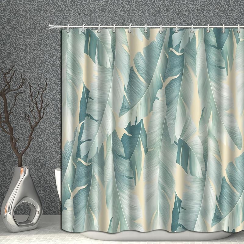 1pc Tropical banana leaf patterned shower curtain, polyester fabric, machine washable, with hooks, suitable for bathroom décor.