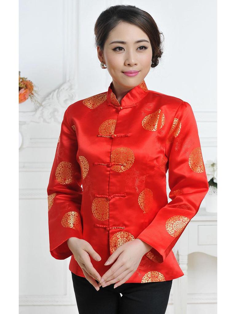 Chinese Tang Suit Red Top: Women's Ethnic Festive Long Sleeve for Spring, Autumn, Winter