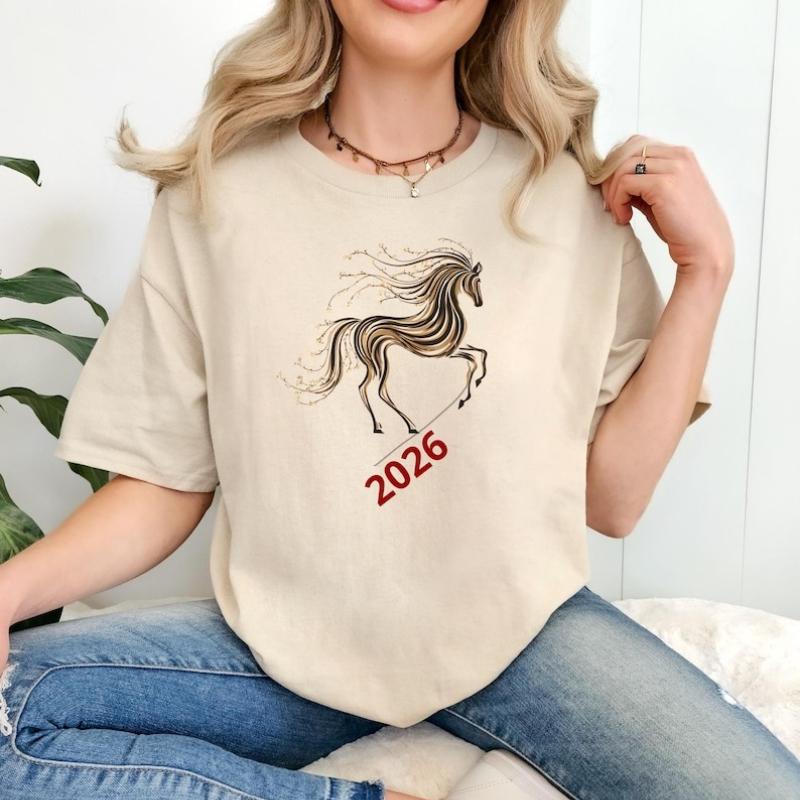 2026 Year of The Horse Cotton TShirt Lunar New Year Zodiac Tee Artistic Running Horse Design Chinese Horoscope Gift Tees