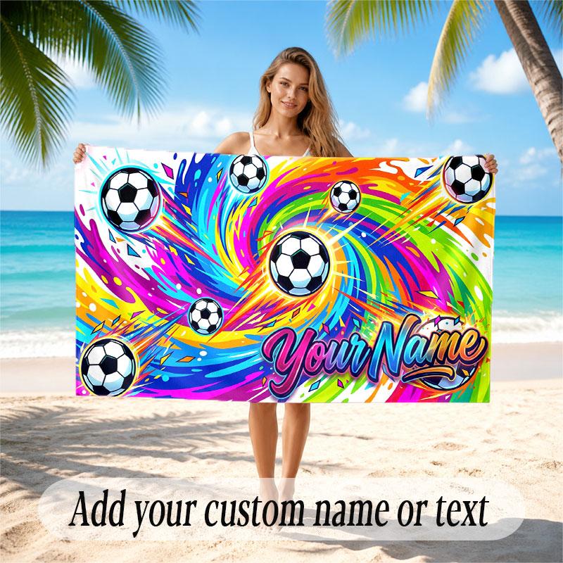 Soccer Theme Beach Towel Personalized Custom Name & Text Soft Quick Dry Beach Towel for Swimming Travel