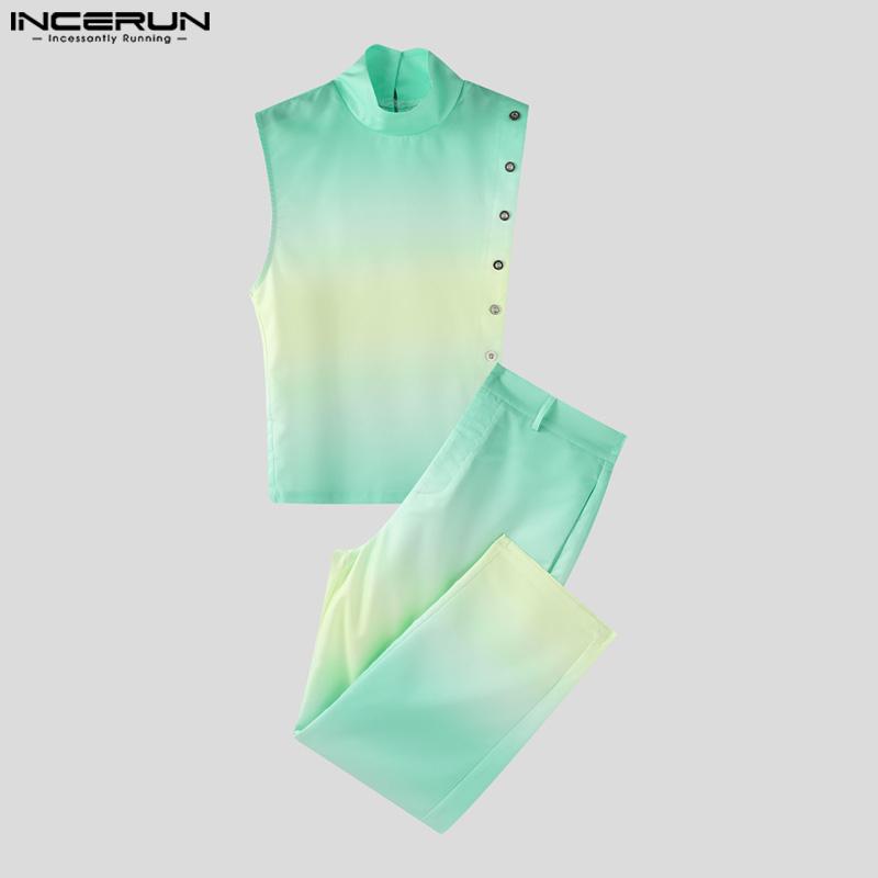 INCERUN 2PCS Men Sleeveless One Shoulder Gradient Tank Tops and Long Harem Pants Outfits Sets