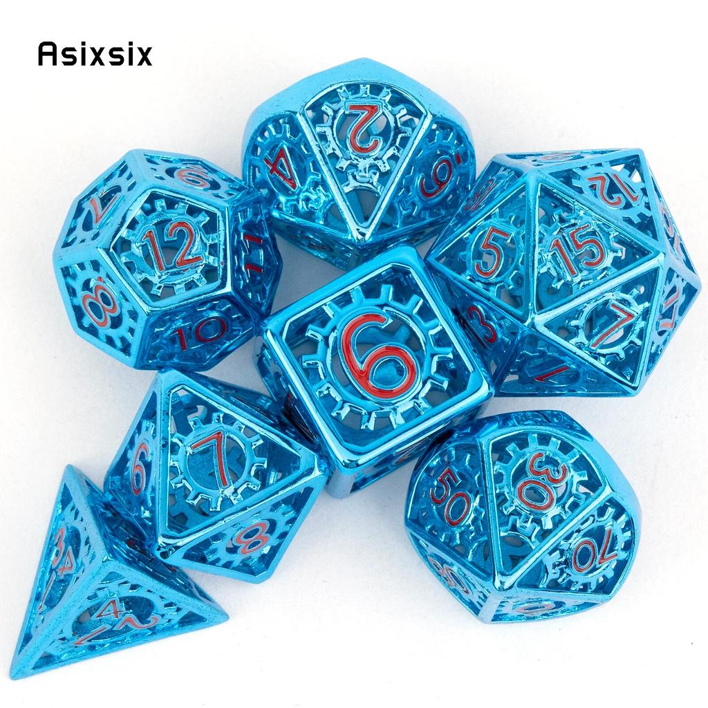 7 Pcs Red Blue Gear Wheel Metal Dice Hollow Metal Polyhedral Dice Set Suitable for Role-Playing RPG  Board Game Card Game