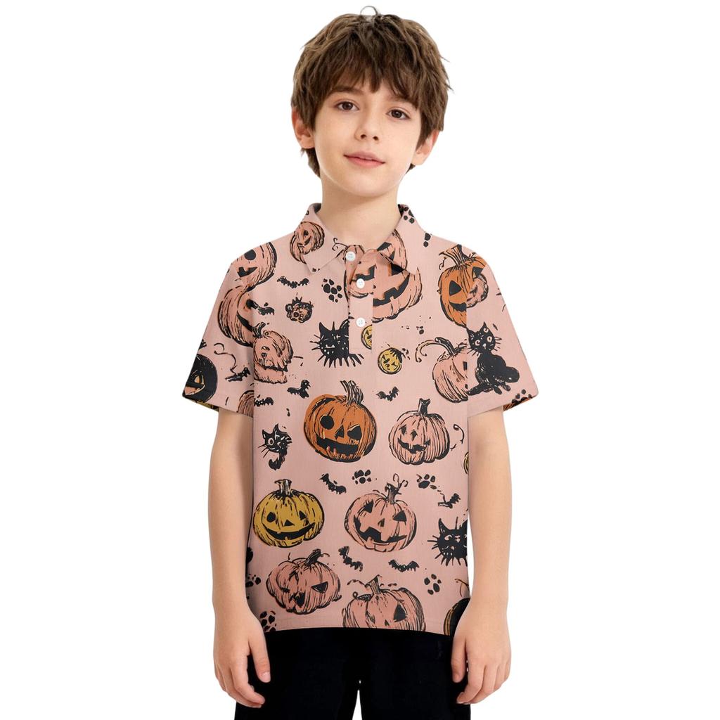 Kids Halloween Print Polo Shirt Casual Short Sleeve Pullover Button Down Collar Tee Top for Boys Girls
