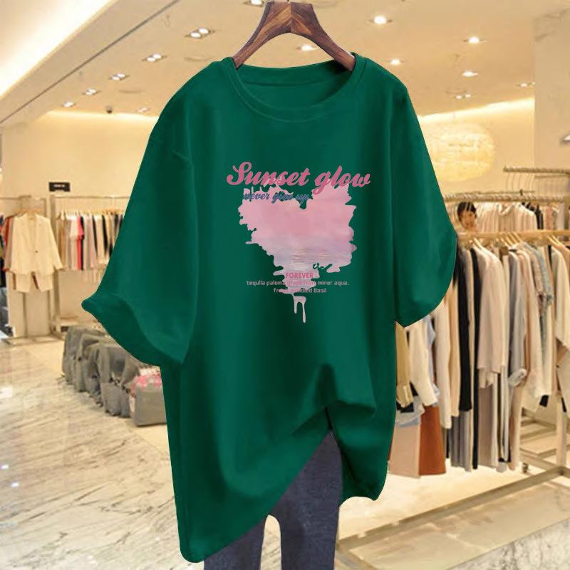 Loose cotton alphabet short-sleeved T-shirt women's medium and long 2025 summer new large version half-sleeved top