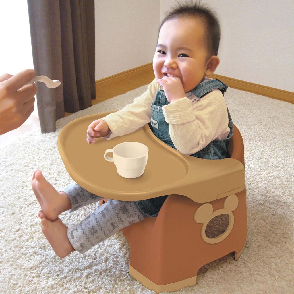 Nishiki Kasei Mickey Mouse Meal Baby Chair Low Chair with Table and Belt Terracotta Made in Japan