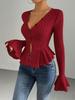 Elegant V-Waist Ruffle Knit Top for Women - Autumn/Winter Style