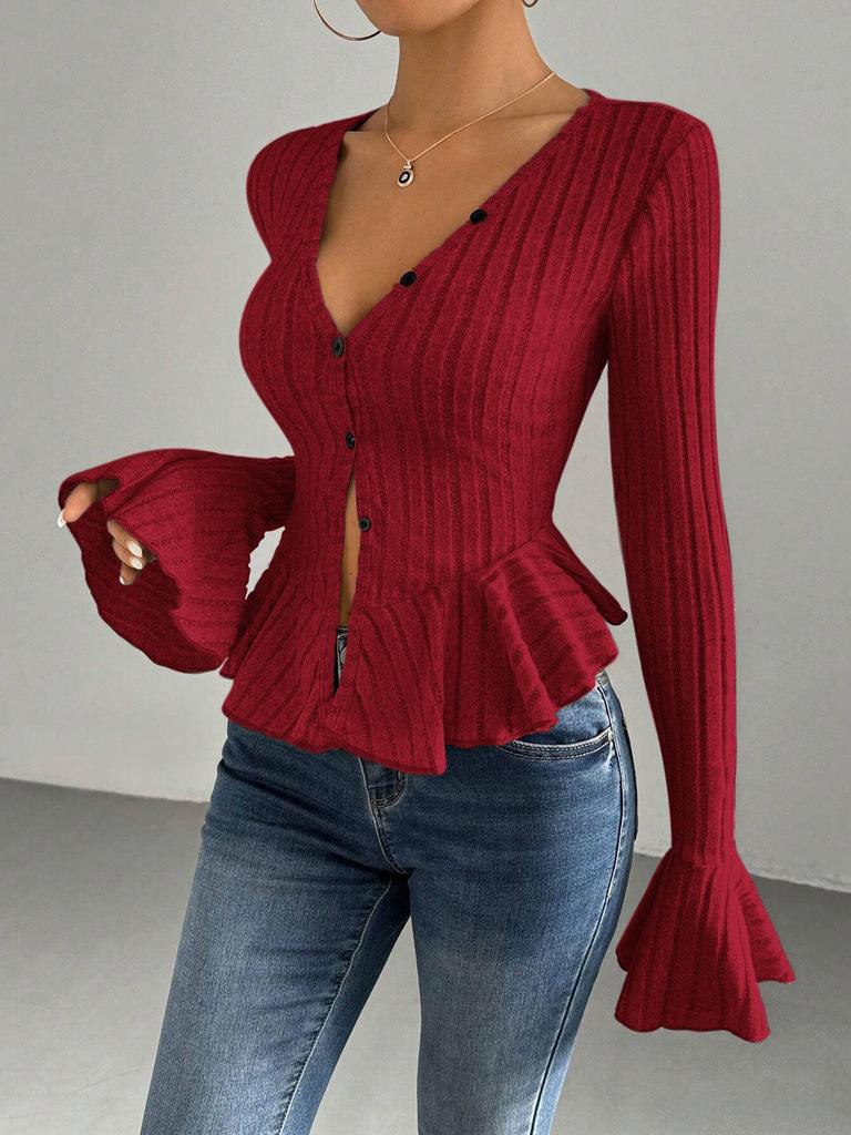 Elegant V-Waist Ruffle Knit Top for Women - Autumn/Winter Style