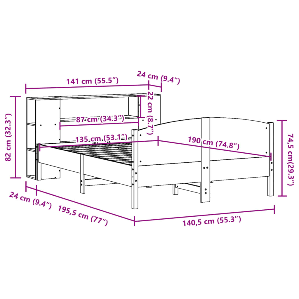 Solid Wood Bed with Shelf Without Mattress 135x190 cm Pine