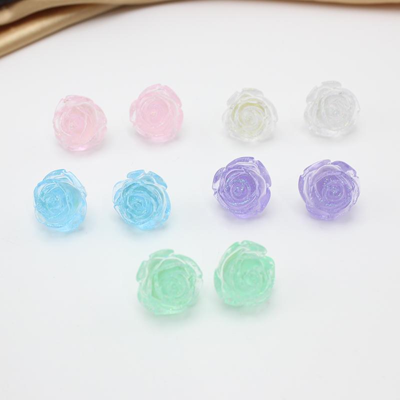 6 Colours Luminous Resin 3D Permeating Ice Crystal Rose Camellia Flower Stud Earring for Women Zircon Girl Gift