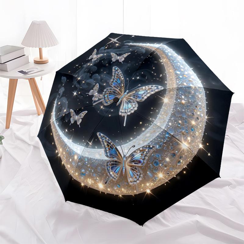 1pc Moon Butterfly Print Automatic Umbrella Portable Home Essential Umbrella, Iron Umbrella Structure Suitable for All Seasons yy251123192