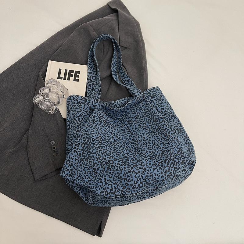 Denim Shoulder Bag Women's Large Capacity Shopping Bag Leopard Print Tote Bag Student Commuter Bag